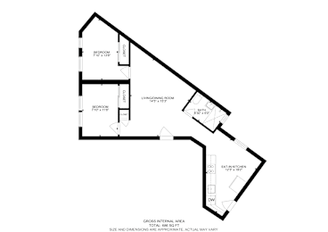 A black and white floor plan of a house with a living room, two bedrooms, a bathroom, and a kitchen.
