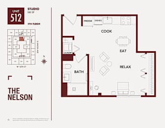 A floor plan of a studio apartment with a studio, laundry, and bath.