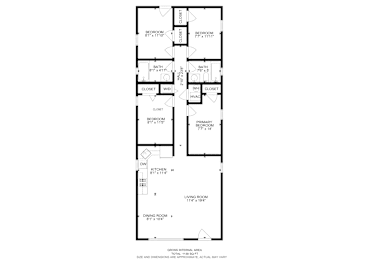 A floor plan of a house with a living room, dining room, kitchen, and two bedrooms.