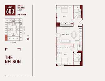 A floor plan for apartment 603 at The Nelson shows a 2 bedroom, 2 bathroom layout on the 6th floor.