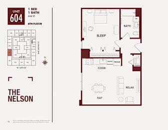 A floor plan for a unit at The Nelson shows a sleeping area, a kitchen, and a bathroom.