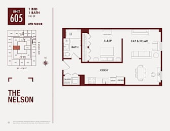 A floor plan for an apartment at The Nelson shows a bedroom, living room, and kitchen.