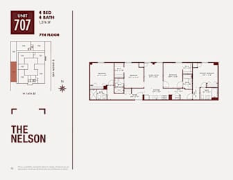 A red and white image of a floor plan for an apartment at The Nelson.