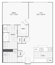 A floor plan of a small apartment with a sleeping area, a living area, a kitchen, and a bathroom.