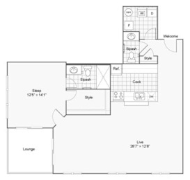 A floor plan of a living space with a sleeping area, lounge, and kitchen.