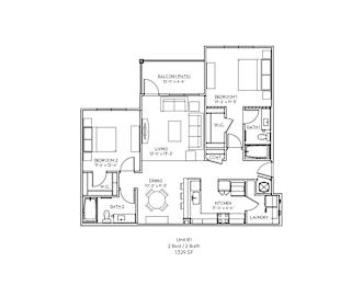 A black and white image of a floor plan for a 2 bedroom, 2 bathroom apartment.
