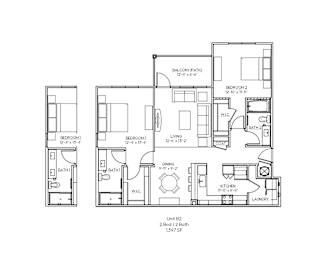 A floor plan of a two bedroom apartment with two bathrooms and a living area.