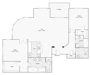 A floor plan of a house with a lounge, two bedrooms, a bathroom, a kitchen, a living room, and a dining room.