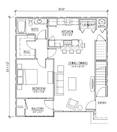 A floor plan of a small apartment with a balcony.