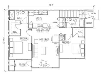A floor plan of a two bedroom apartment with a balcony.