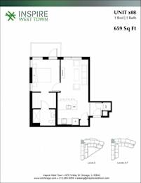 A floor plan for a 1 Bed 1 Bath unit at Inspire West Town.