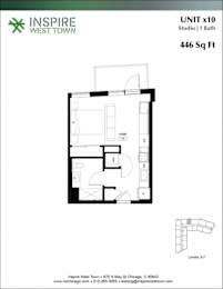 A floor plan for a 446 square foot studio apartment at Inspire West Town.