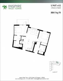A floor plan for a 2 Bedroom, 2 Bathroom unit at Inspire West Town.