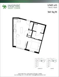 A floor plan for a 1 Bed 1 Bath unit at Inspire West Town.