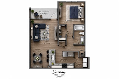 A floor plan of a one bedroom, one bath apartment.