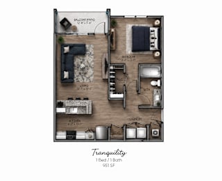 A floor plan of a one bedroom apartment with a balcony and a price of $951 per month.