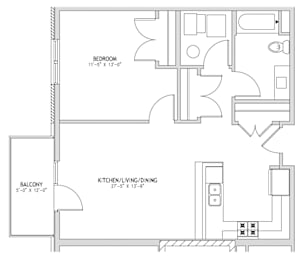A floor plan of a house with a bedroom, a balcony, and a kitchen/living/dining area.