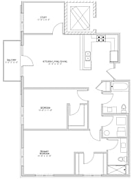 A floor plan of a house with a study, kitchen, two bedrooms, and a balcony.