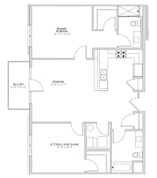 A floor plan of a home with a primary bedroom, a balcony, and a kitchen/living/dining area.