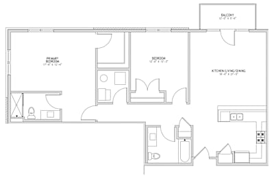 A floor plan of a house with a primary bedroom, a secondary bedroom, and a kitchen/living/dining area.