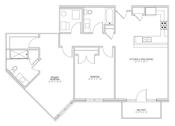 A floor plan of a house with a kitchen, living room, dining room, and two bedrooms.