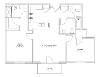 A floor plan of a house with a primary bedroom, a kitchen/living/dining area, and a balcony.