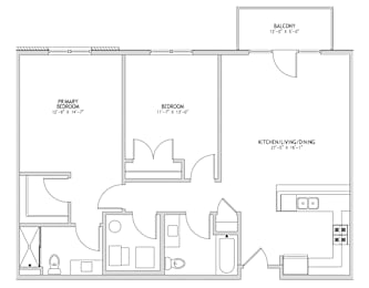 A floor plan of a house with a balcony, two bedrooms, and a kitchen/living room.