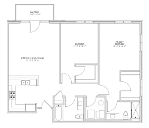 A black and white image of a floor plan for a home with a balcony, kitchen, living room, and two bedrooms.