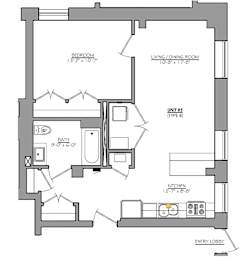 A floor plan of a small apartment with a living room, dining room, kitchen, bathroom, and entry lobby.