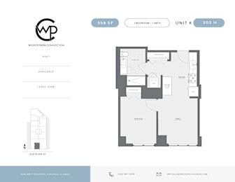 A floor plan for a rental property at 558 SF, unit number 303 H, located in the West Division, Chicago, IL.