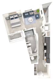 Floor Plan  a stylized floor plan of a bedroom with a bathroom and a living room