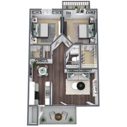 2-bed, 1-bath floor plan, 759 sqft.