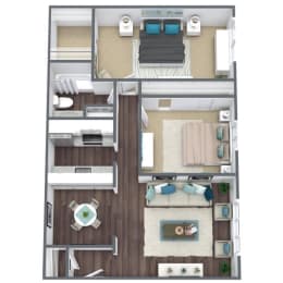 2-Bed, 1-Bath Floor Plan 3D Image