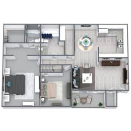 2-bed, 2-bath floor plan 910 sqft