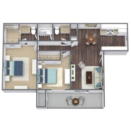 2-Bed 2-Bath Floor Plan 3D Image