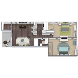 2x1 Floor Plan, 2-Bed 1-Bath, 789 SQFT.
