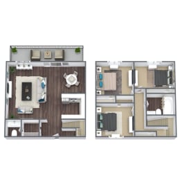3-Bed, 1.5-Bath 3D Floor Plan