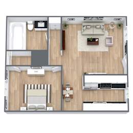 A top-down view of a house interior with a kitchen, living room, and two bedrooms.