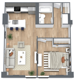 A top-down view of a living room, kitchen, and bedroom.