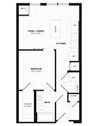 A floor plan of a small apartment with a living room, kitchen, bedroom, and bathroom.