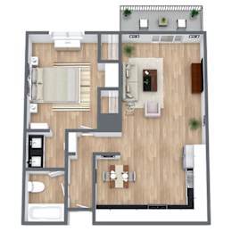 A floor plan of a house with a kitchen, living room, dining room, and bathroom.