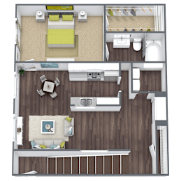 A top-down view of a room with a bed, a couch, a dining table, and a kitchen area.
