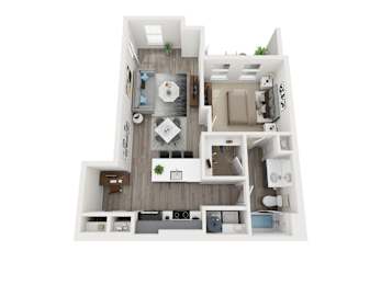 A top-down view of a modern apartment layout with a kitchen, living room, and bathroom.