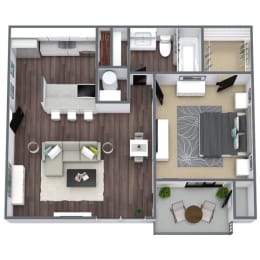 Ash Floor Plan, 1-bed 1-bath, 650 SQFT.