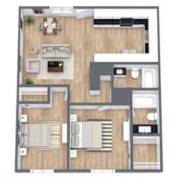 A top-down view of a house layout with a living room, kitchen, and two bedrooms.
