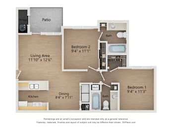 B2 2X2 Floor Plan, 861 SQFT
