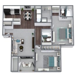 B2 2-Bed 2-Bath Floor Plan, 930SQFT