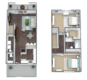 Two floor plans of a house with a living room, kitchen, and bedrooms.