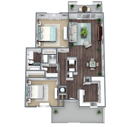 A detailed 3D floor plan of a house layout.