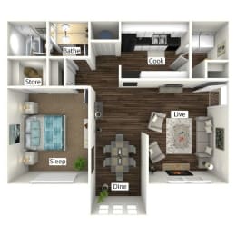 Bungalow 3D Floor Plan with Sunroom